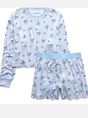 American Eagle x Peanuts Snoopy Blue Bows Plush Pajamas 2 Piece Set Sz Small